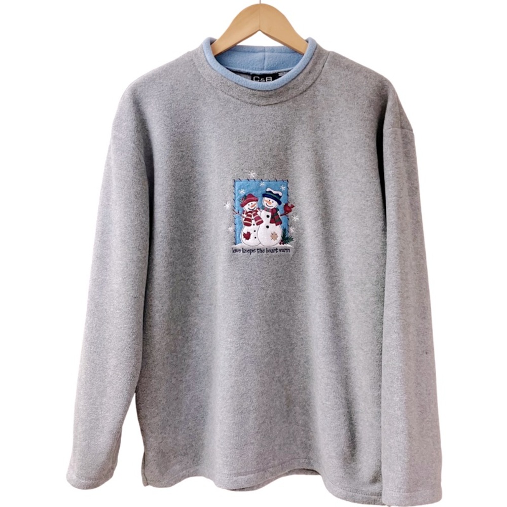 Vtg C&B Sport Womens Fleece Pullover Top SIZE Large Gray Embroidered Snowman - Picture 5 of 7